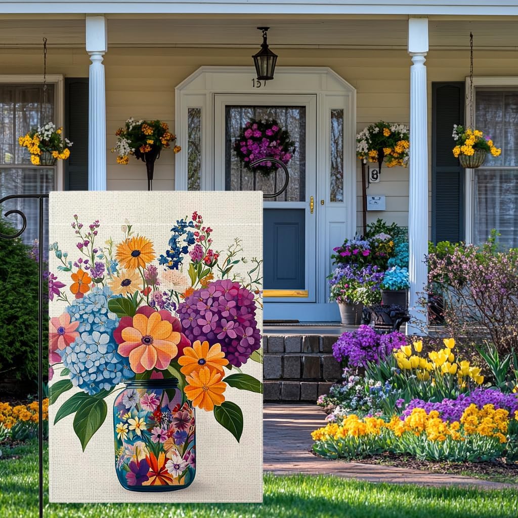 Spring Summer Colorful Floral Mason Jar Garden Flag 12x18 Inch Double Sided Hydrangea Flower Yard Outdoor Flag House Holiday Outside Decoration - Image 3