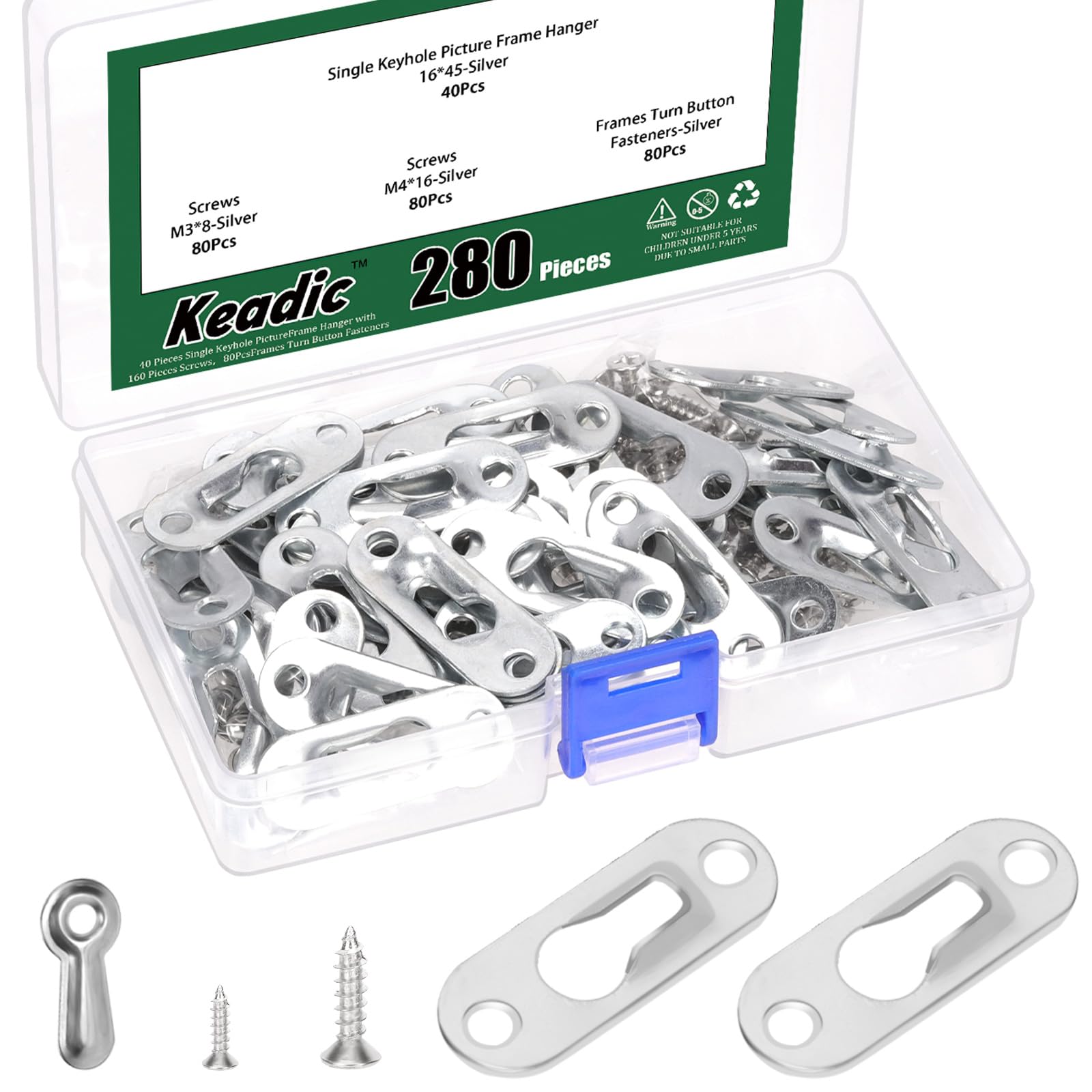 Keadic 40 Pcs Single Keyhole Picture Frame Hanger with 160 Pieces Screws and 80 Hooks, Metal Keyhole Hanging Fasteners Brackets for Mirror Frame Cabinet, 43 x 16 mm(Silver)