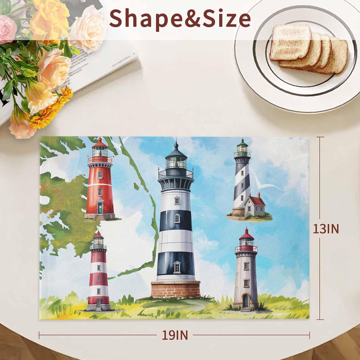 Ocean Lighthouse Placemats Set of 4, Nautical Coastal Island Vintage Watercolor Placemats for Dining Table Place Mats for Kitchen Table Waterproof Table Mats, Wipeable Dining Table Set