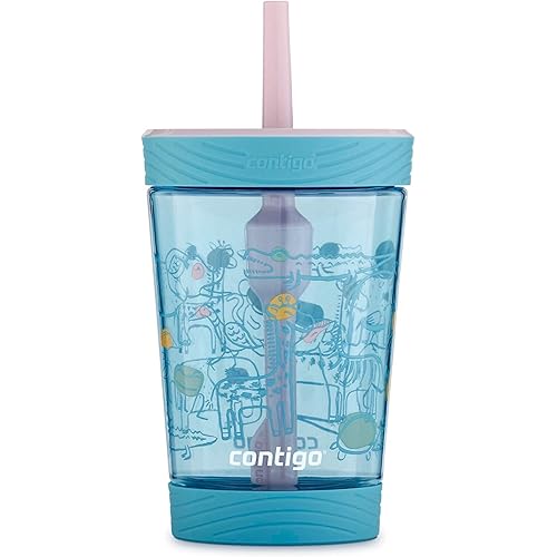 Tumbler with Straw 14 oz, 14 Ounce, Birthday Cake with Zoo Animals