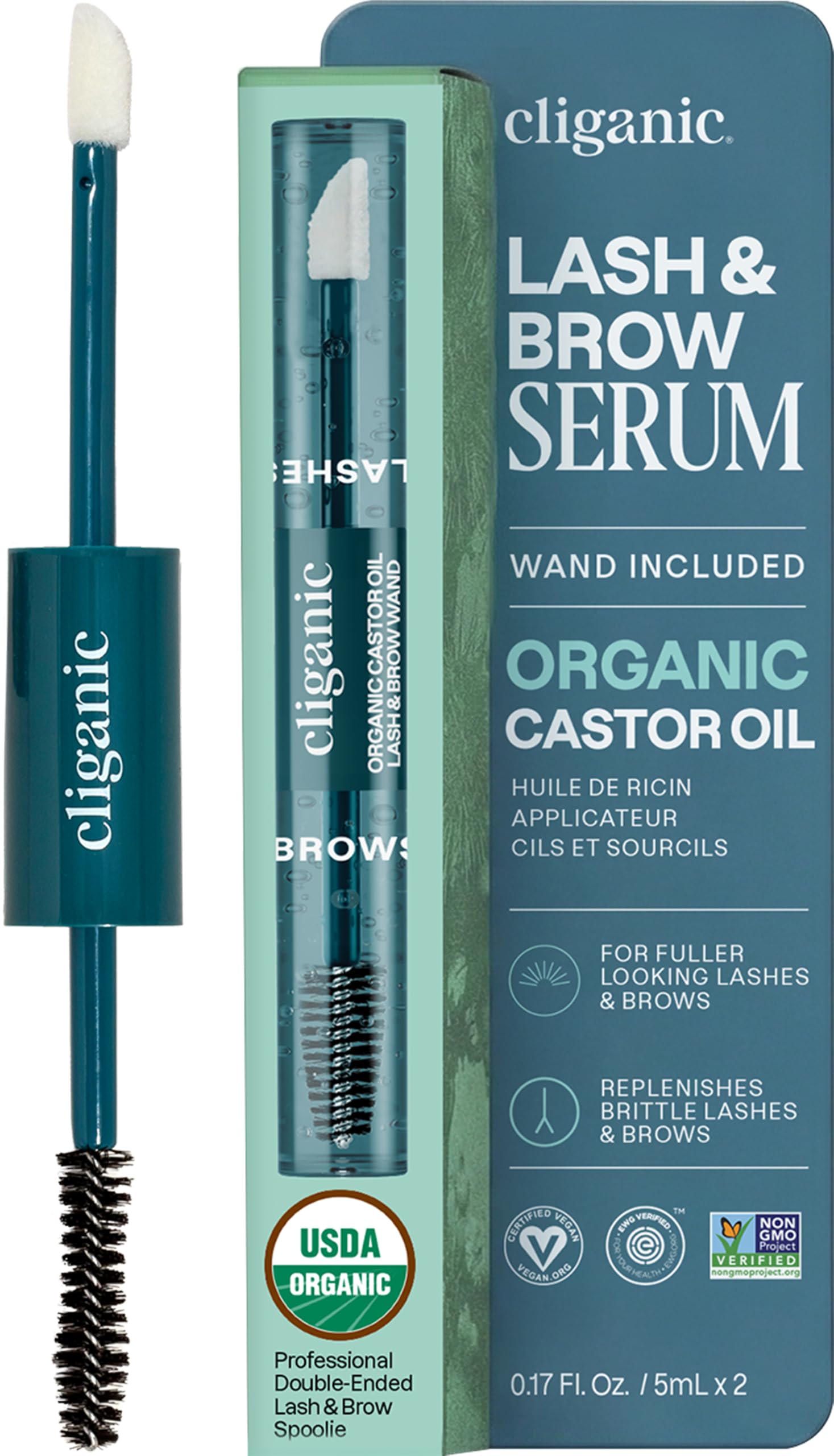 Cliganic Castor Oil Organic Cold Pressed, Eyelash & Eyebrow Serum,100% Pure 0.34 Ounce Wand