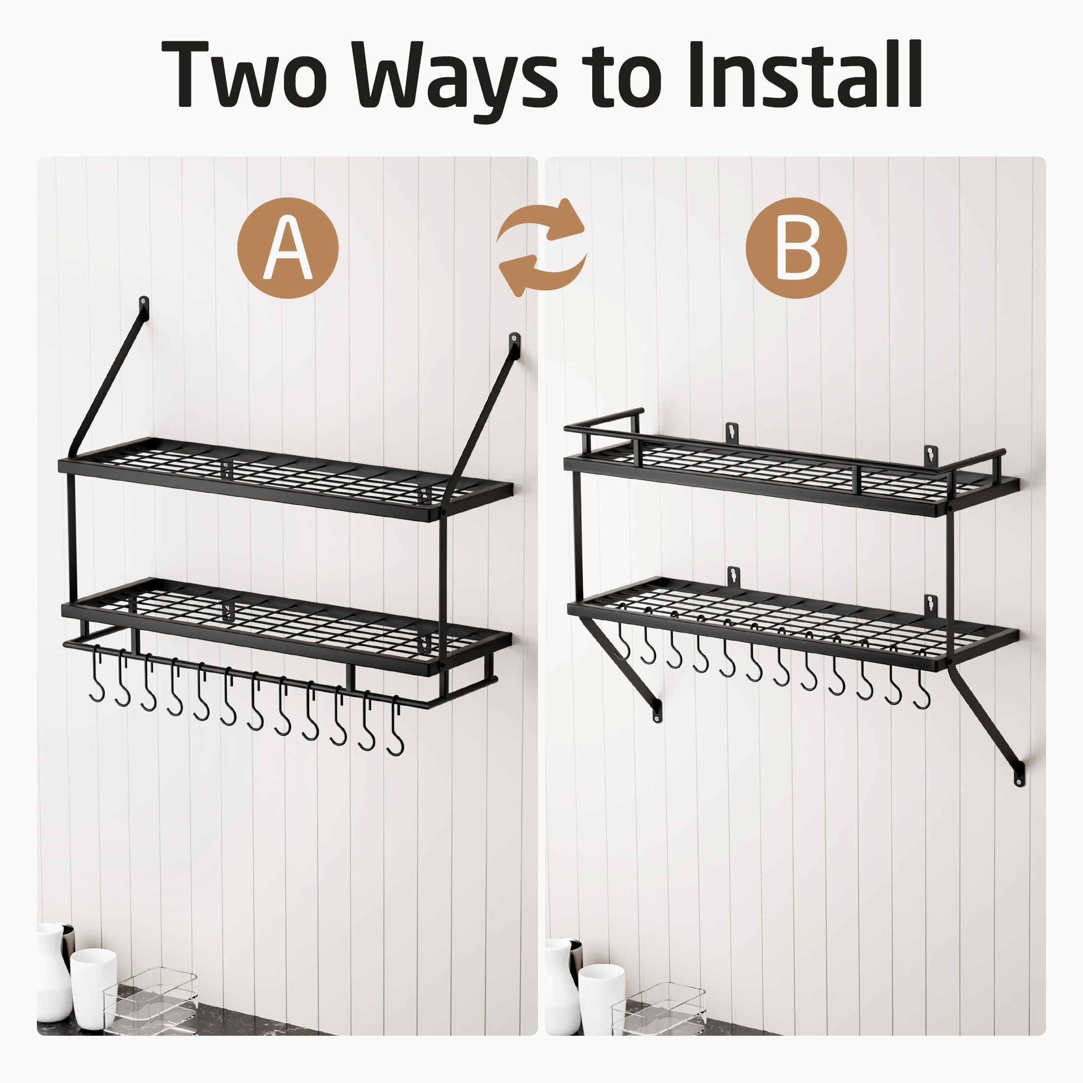 KES Estante de Cocina para Colgar 75CM Soporte para Ollas y Sartenes 2 Niveles con 12 Ganchos Almacenaje Organizador Negro, KUR215S75-BK