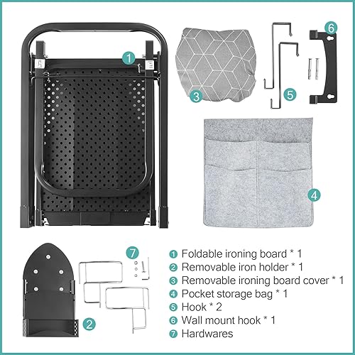 Miniatura 7 de Tabla de planchar sobre la puerta de 14 x 42 pulgadas con soporte de hierro y bolsa de almacenamiento de bolsillo, tabla de hierro colgante para el