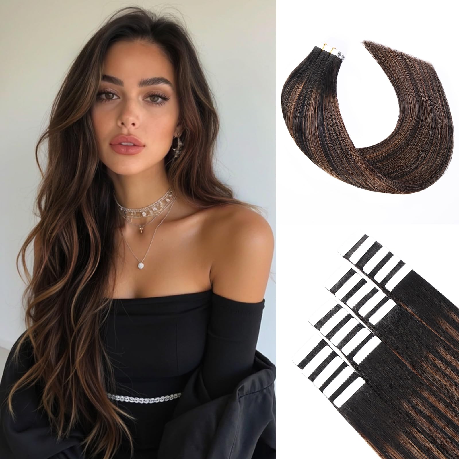 BLONDE UNICORN Extension Capelli Veri Biadesivo 20pcs Extension Capelli Veri 40cm Nero naturale con castano Estensione Biadesive Capelli Veri Remy Estensione Biadesive 40g(16inch,1B/1B/6#)