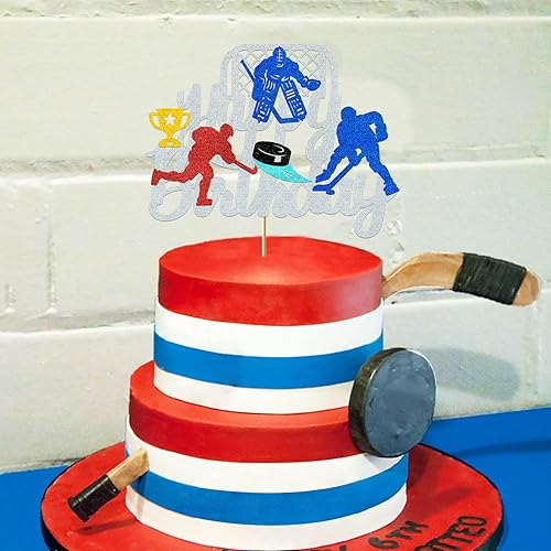 Miniatura 5 de Decoración de pastel de hockey sobre hielo, decoración de pastel de hockey de cumpleaños para niños y hombres, decoración de feliz cumpleaños,