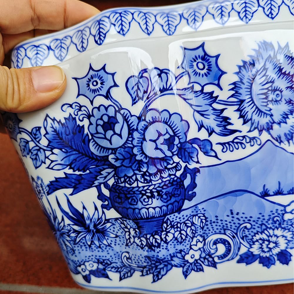 Niebiesko-Biała Ceramiczna Doniczka – Owalny Wazon W Stylu Vintage Z Motywem Kwiatowym Na Rośliny Doniczkowe, Kwiaty I Sukulenty – Szkliwiona, Dekoracyjna Misa W Stylu Ch,non-perforated