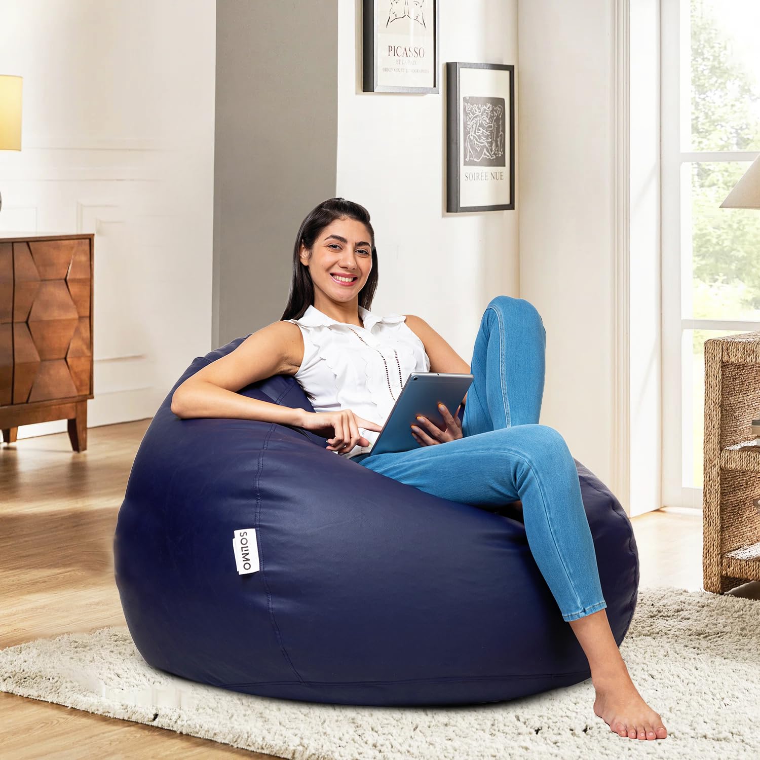 Amazon Brand - Solimo Classic Bean Bag Cover 6XL Without Beans, Faux Leather Bean Bags Cover with Handle & Zipper, Bean