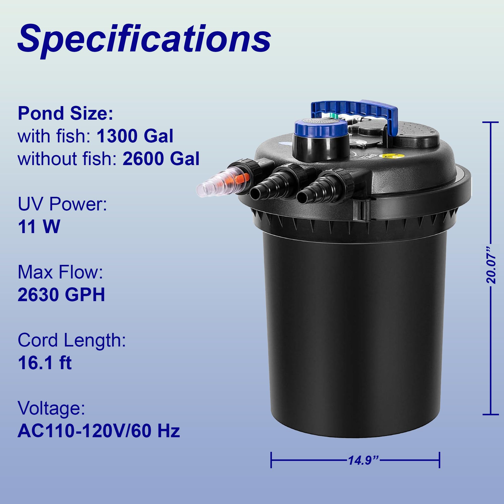 SunSun CPF-250 - Filtro per laghetto con chiarificatore UV da 11 W, filtrazione a pressione biologica per laghetti fino a 2600 galloni, controllo delle alghe e trasparenza dell'acqua