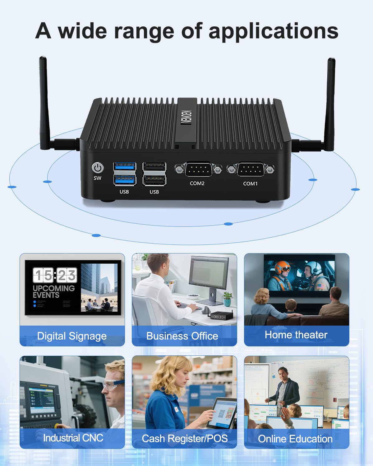 Mini pc senza ventola N95, Fanless PC desktop Computer, Dual HD, DP, 2xCOM, LAN RJ45, WiFi, BT4.2, Auto Power On, Uso Ufficio/Casa/Business, Server Industriale, Win 11/Linux, 8GB RAM 256GB SSD