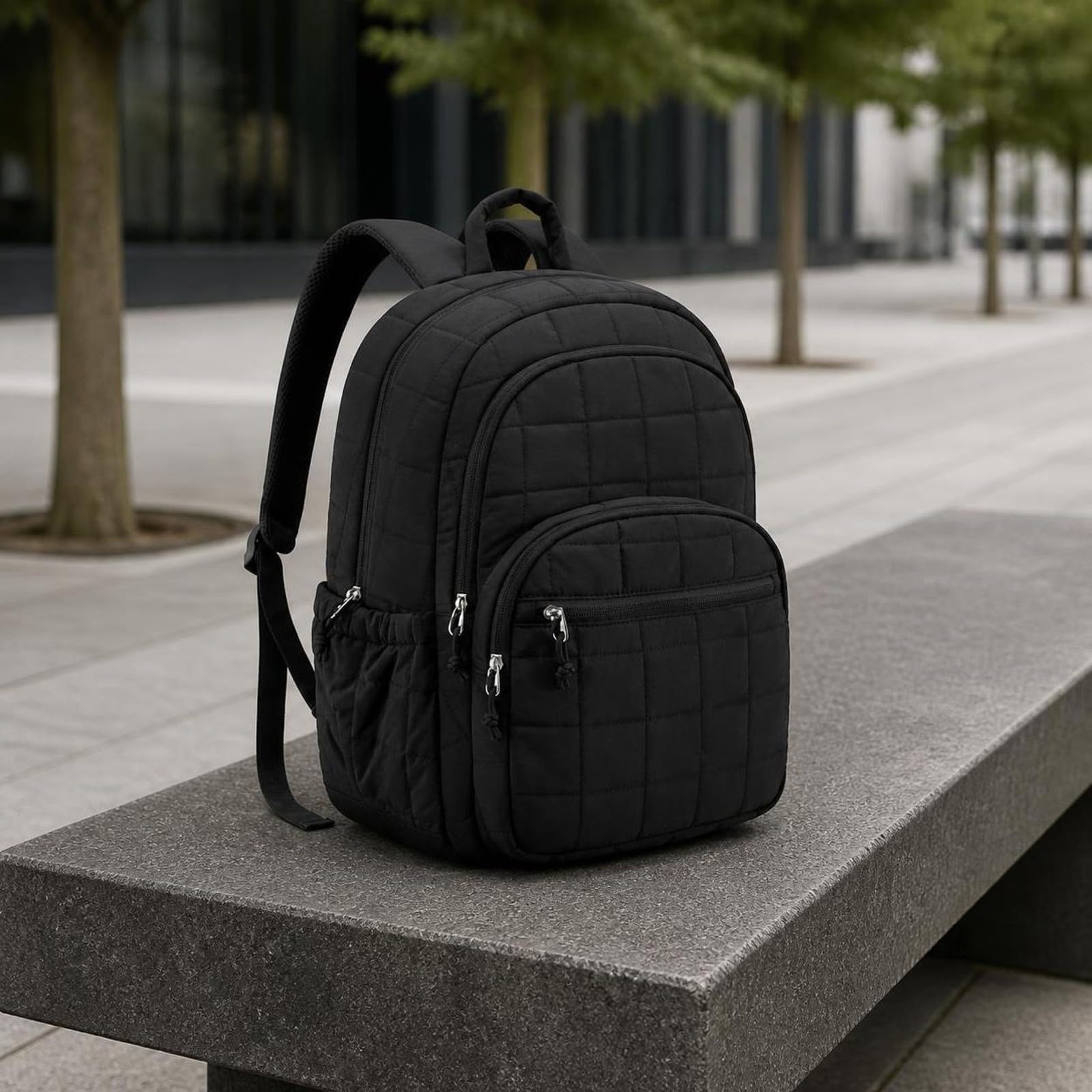 Mochila con Bolsillo Lateral Acolchada, Negro