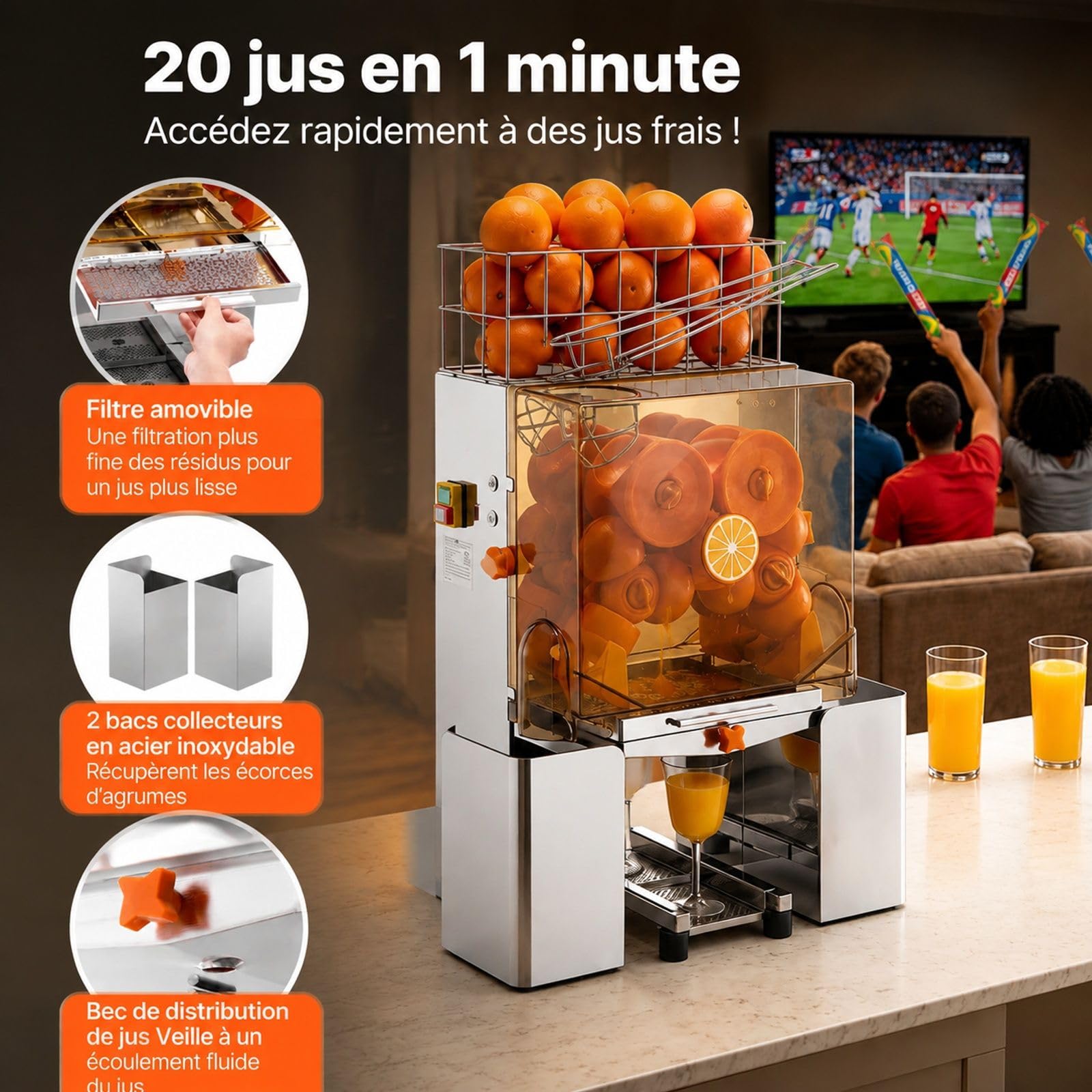 Presse-agrumes commerciale automatique 120 W en acier inoxydable, traite 20 oranges par minute, avec filtre extractible et couvercle PC