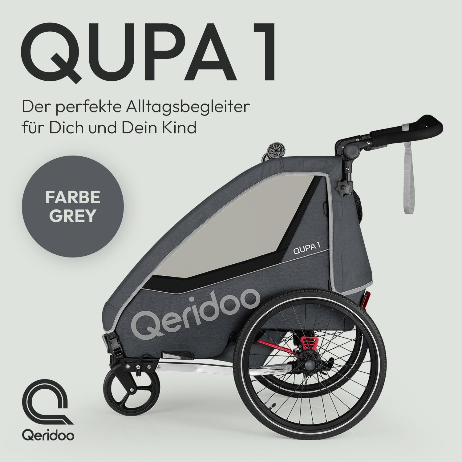 Remorques de vélo de Marque QERIDOO Modèle Kinderfahrradanhänger & Buggy QUPA 1 für 1 Kind mit Kupplung, Blattfeder-Dämpfsystem (BIS 50 kg) - Gris