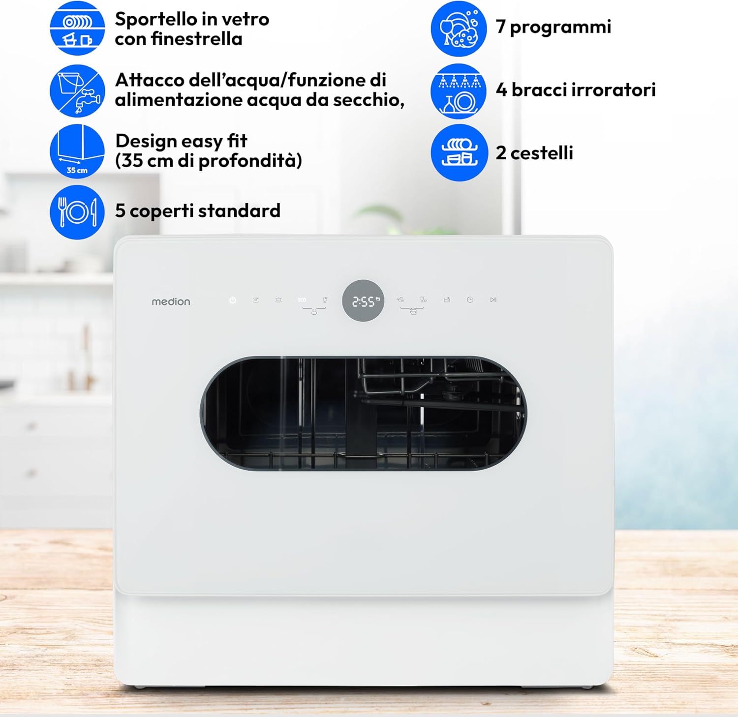 Скончанаview of MEDION Mini Dishwasher DWT51 features including glass door, 7 programs, bucket function, 4 spray arms, 2 baskets, and 5 place settings.