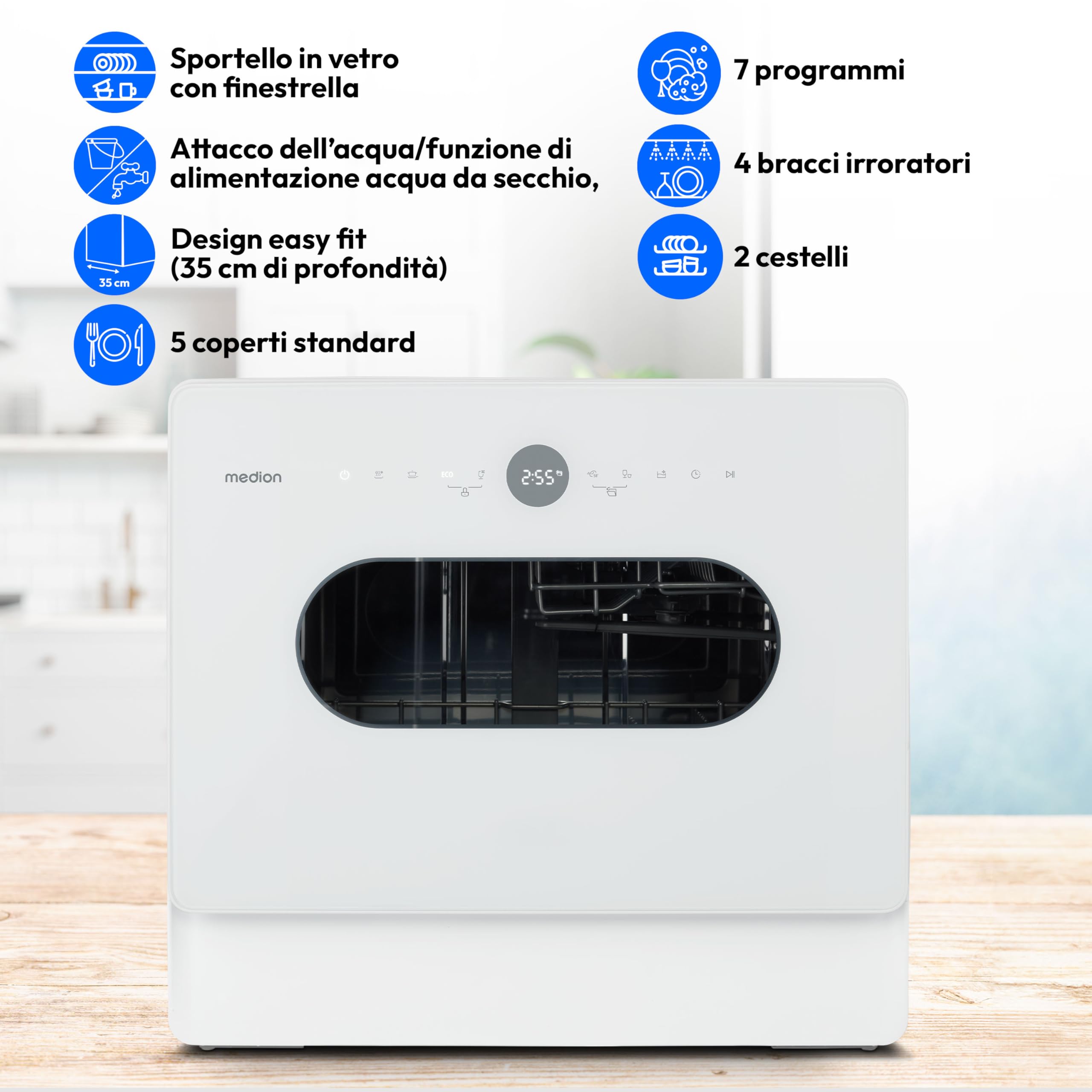 MEDION Mini Dishwasher DWT51 (lavastoviglie da tavolo con pannello di controllo a sfioramento, funzione secchio, 5 coperti, funziona con/senza collegamento all'acqua, 7 programmi di pulizia