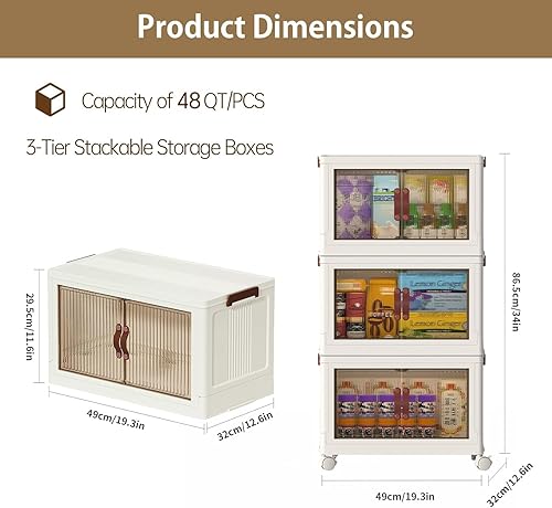 Miniatura 2 de Contenedores de almacenamiento apilables de 3 niveles con tapas y diseño frontal abierto, contenedores de almacenamiento plegables con ruedas para