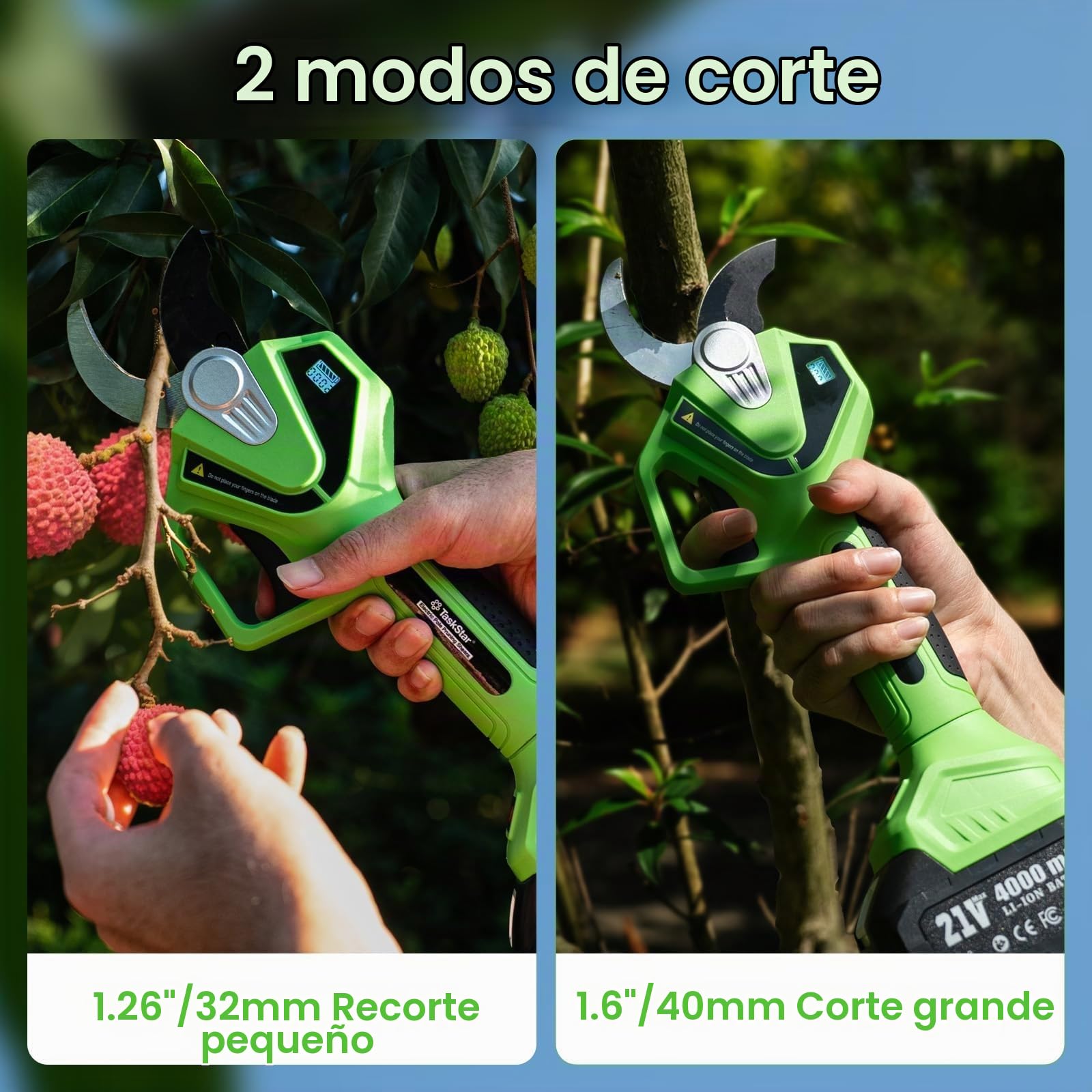 TaskStar Tijera de Podar Eléctrica con Mango Telescópico: 2-en-1 Tijeras de Jardín Eléctricas- Motor Sin Escobillas, 2X 4,0Ah Baterías, Hoja SK5 Extra, 2 Modos, Corte de 40mm para Árboles y Flores