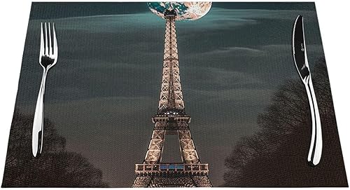 Miniatura 7 de 6 PCS PVC Placemats Set Place Mats Full Moon Paris Eiffel Tower Non-Slip Weave Place Mats 12" x 18" Farmhouse Table Mat Set for Family Dinners