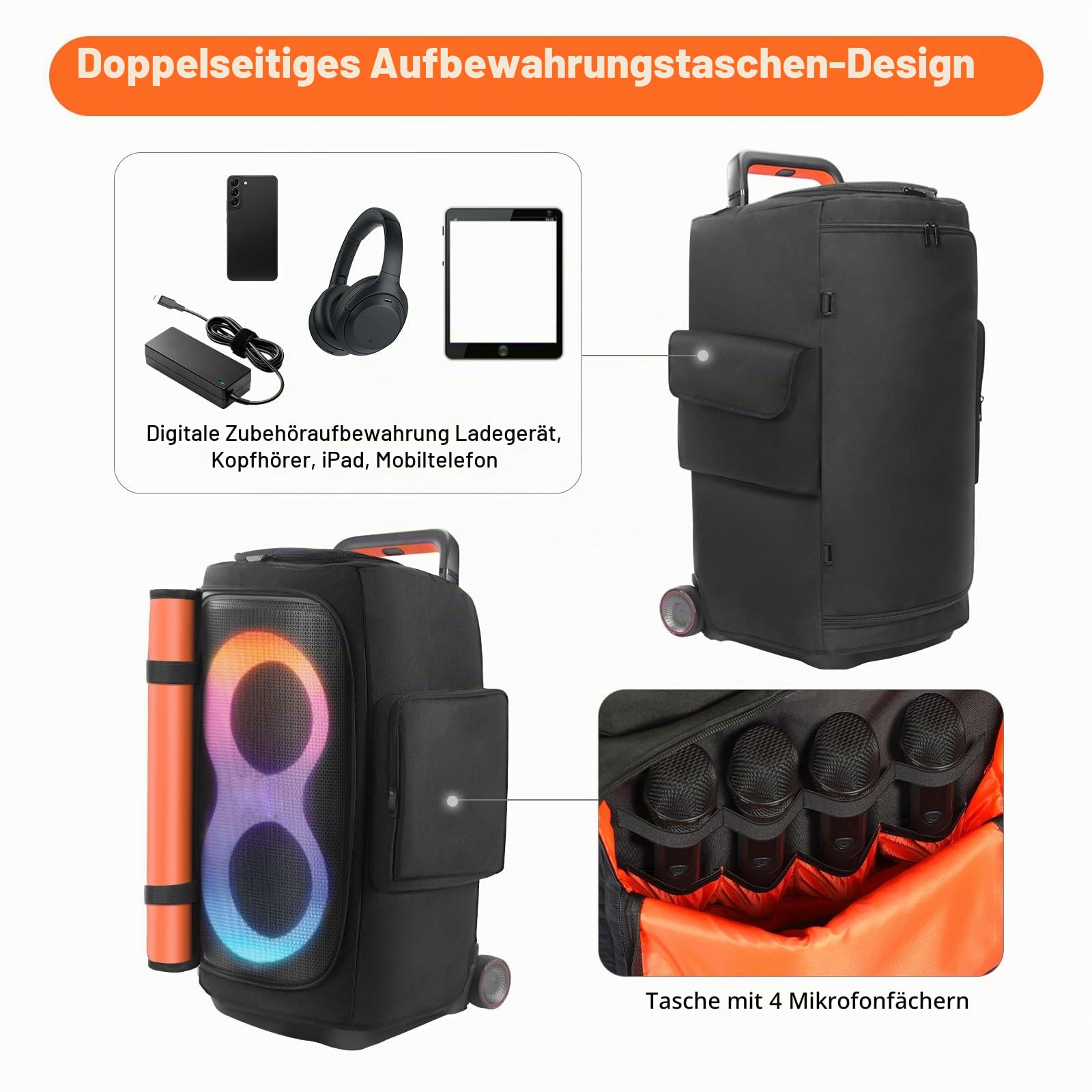Lautsprecherhülle, kompatibel mit JBL PartyBox 520, tragbarer Lautsprecher, Outdoor-Reise, weiche Staubschutz-Aufbewahrungstasche mit Reißverschluss-Fenstertaschen für Ladegerät, Mikrofone
