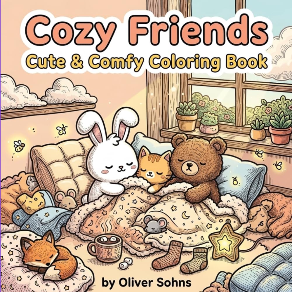 Cozy Friends Cute & Comfy Coloring Book: for Adults & Teens Featuring Adorable Animals Characters for Stress Relief