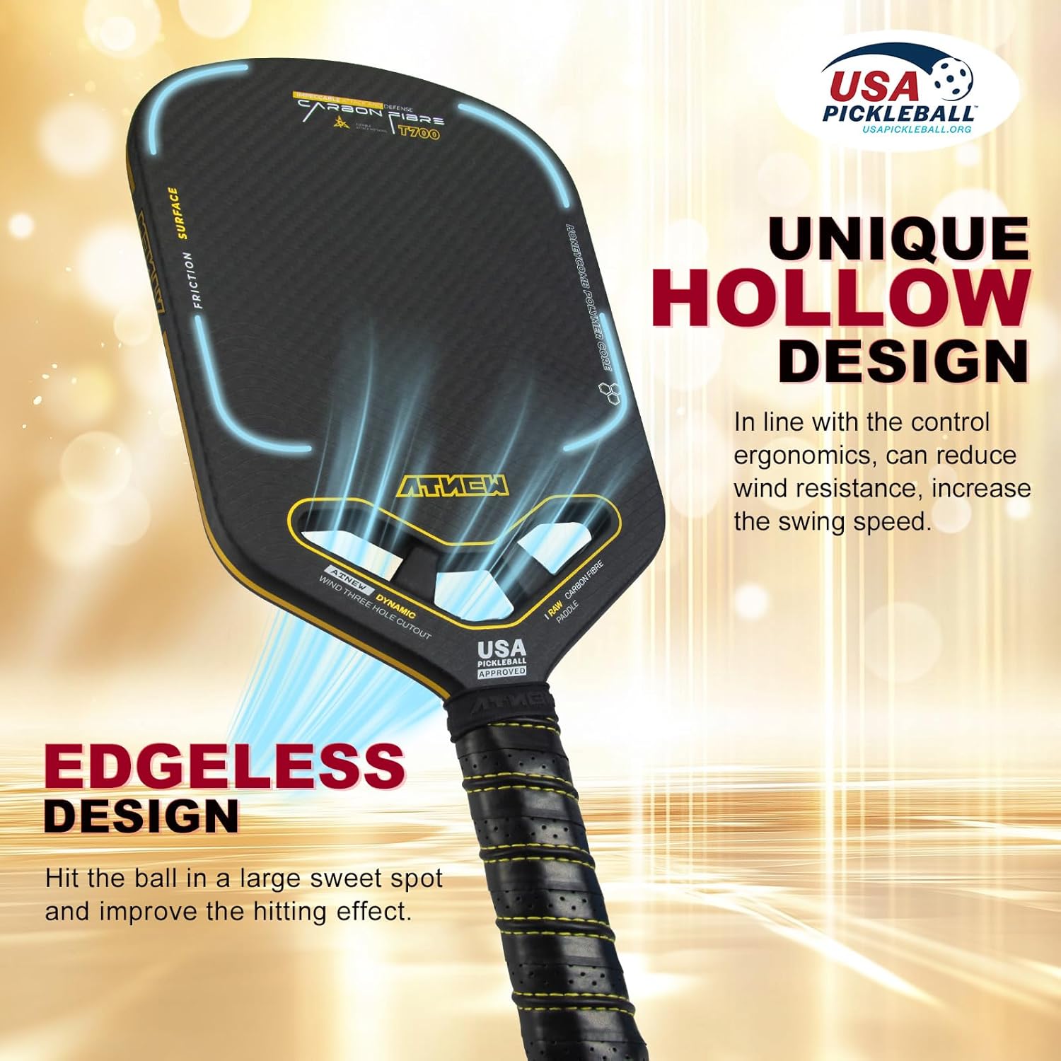 Pickleball Paddles T700 3K Carbon Fiber Picklebll Paddle with Aero Throat Edgeless Designed 16MM Thermoformed Pickleball Racket USAPA Approved - Image 2