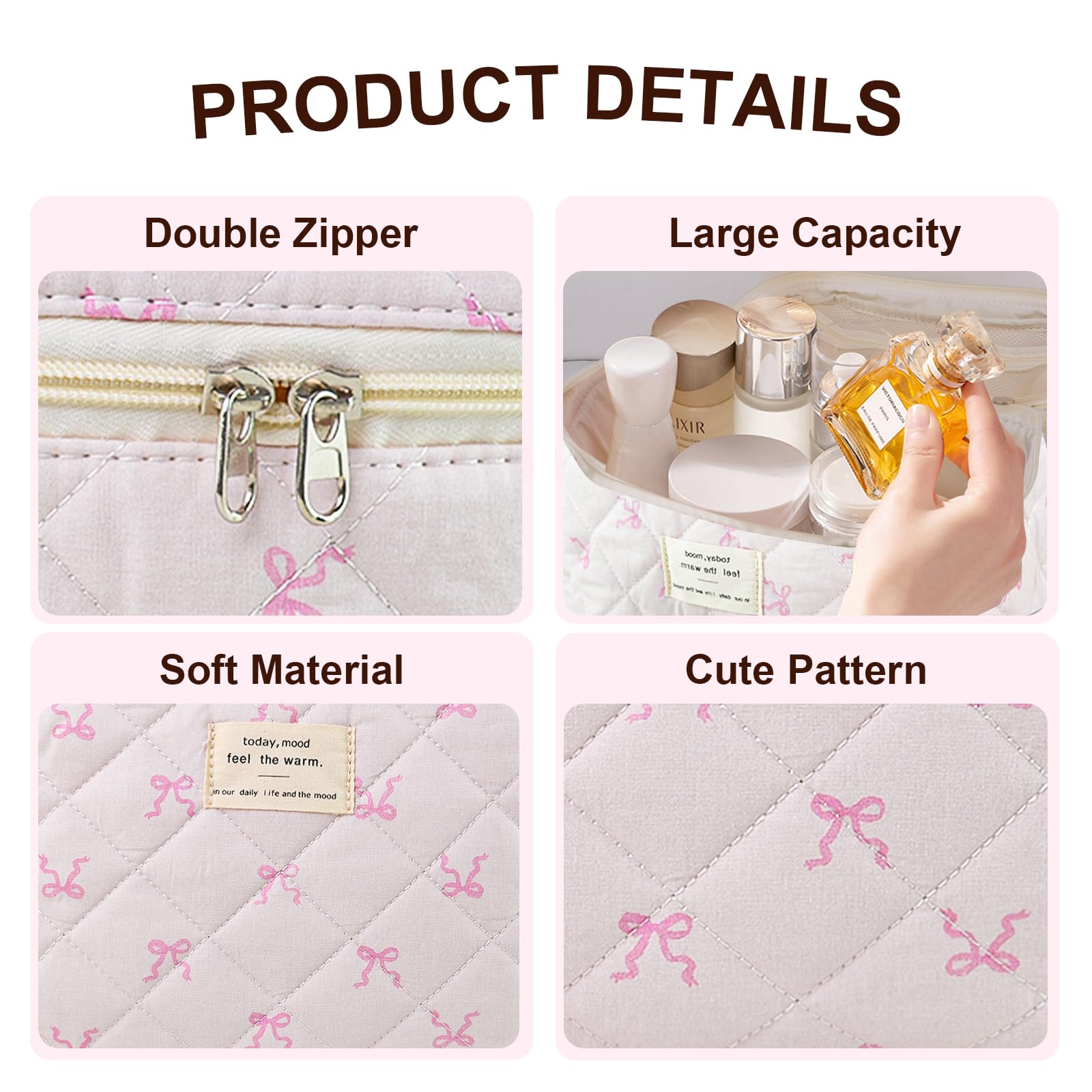 GISMTR 3Pcs Makeup Bag Cotton Quilted Travel Cosmetic Bag Cute Floral Makeup Pouch Large Toiletry Bag for Women Girls (Bow-Pink2)