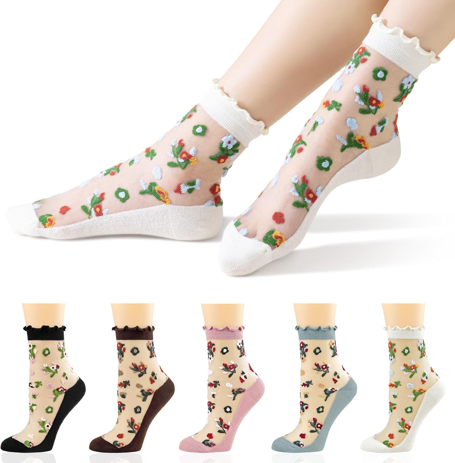 VIBCICY Ruffle Mesh Sheer Crew Socks, Ultrathin Floral Ankle Socks for Women, Summer Transparent Elastic Jacquard