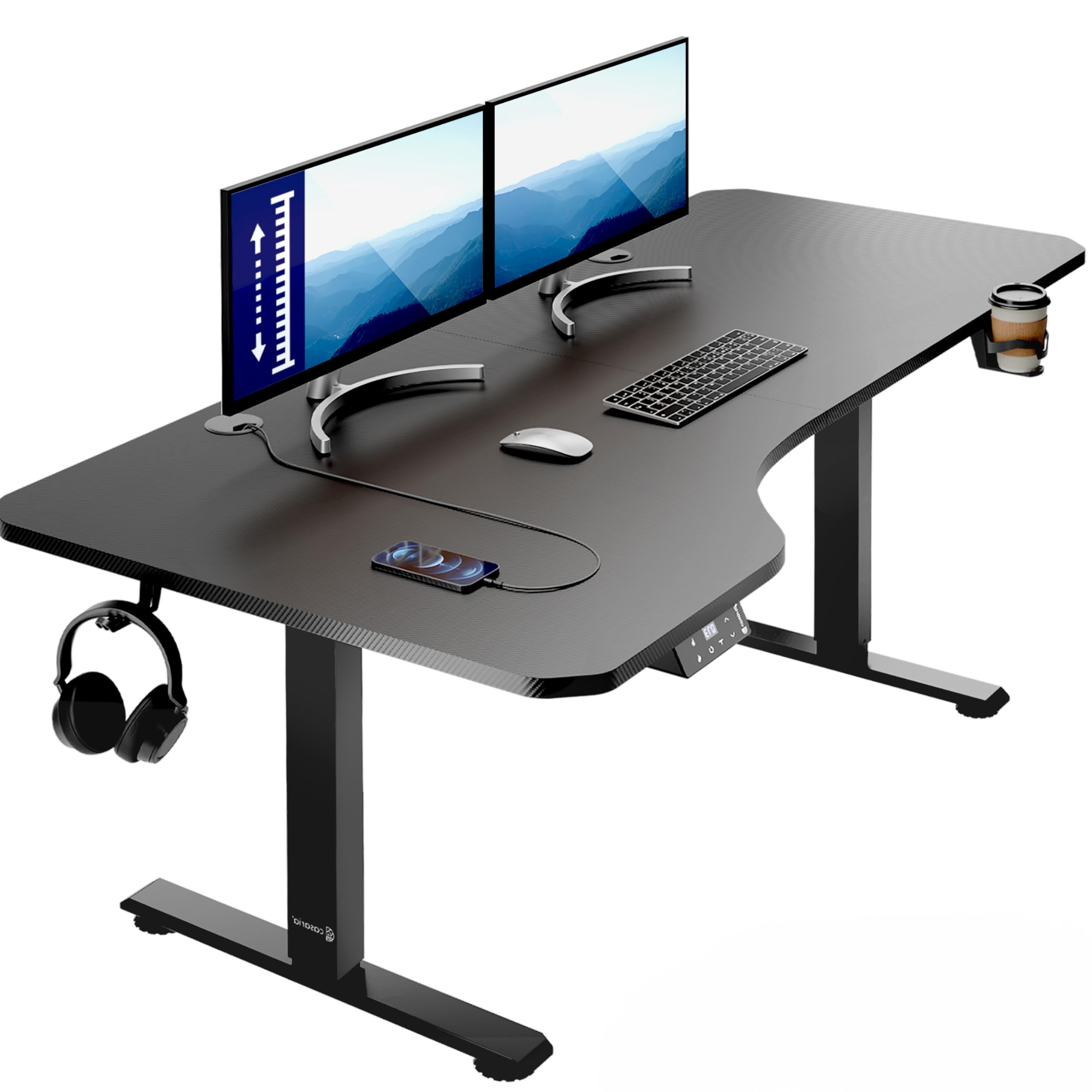 Casaria® Höhenverstellbarer Schreibtisch 160x75 cm elektrisch mit Kopfhörerhalter Tassenhalter Modern Büro Gaming PC Computer Tisch Schwarz Carbon-Optik