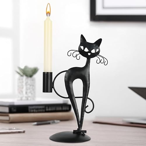 Candelabro cónico de gato negro para velas LED sin llama, candelabro retro rústico de metal para decoración de gato para centro de mesa, mesa de