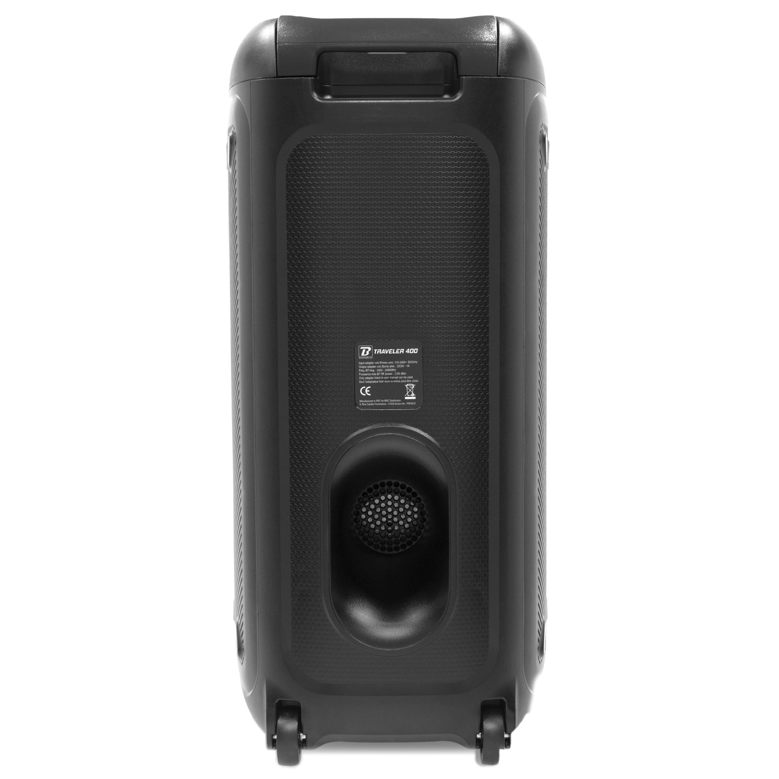 BoomTone DJ Traveler 400 Enceinte sur Batterie, idéale pour Les DJ Mobiles et Les fêtes privées, Bluetooth, lumière intégrée, USB/SD, Poignée de Transport télescopique.