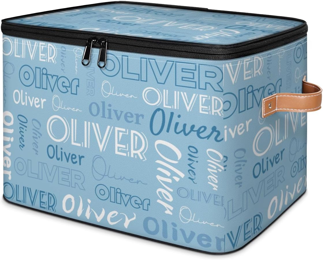 Custom Storage Bins with Zipper Lid, Personalized Light Blue Fabric Lidded Storage Baskets Boxes, Foldable Cubes Clothes Organizer Container