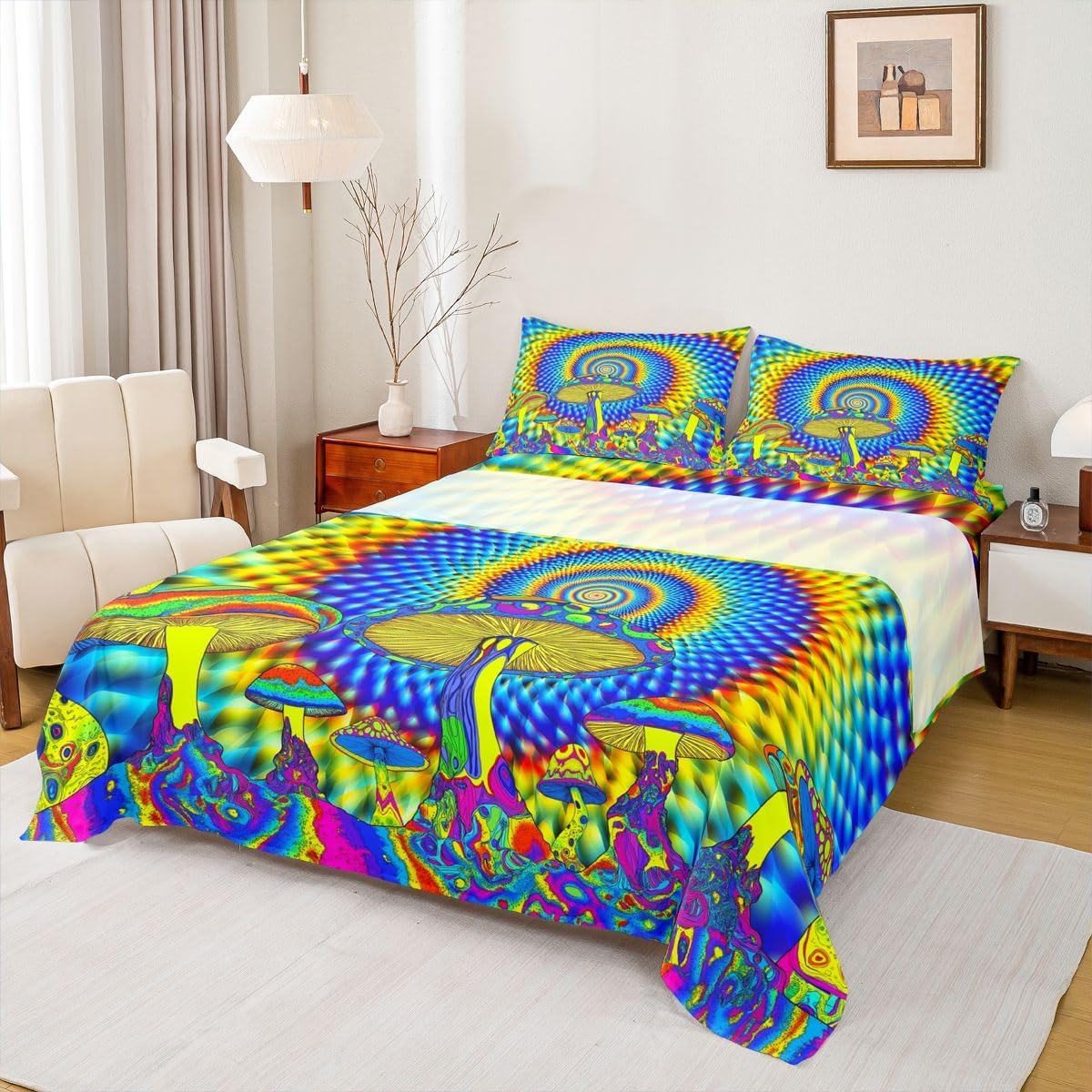 Erosebridal Psychedelic Sheet Set Yellow Blue Bed Sheets for Men Adult,Glowing Exotic Mushroom Cool Indie Goth Neon Fitted Sheet Psychedelic Room Decor Bed Cover Queen,Scary Room Decor