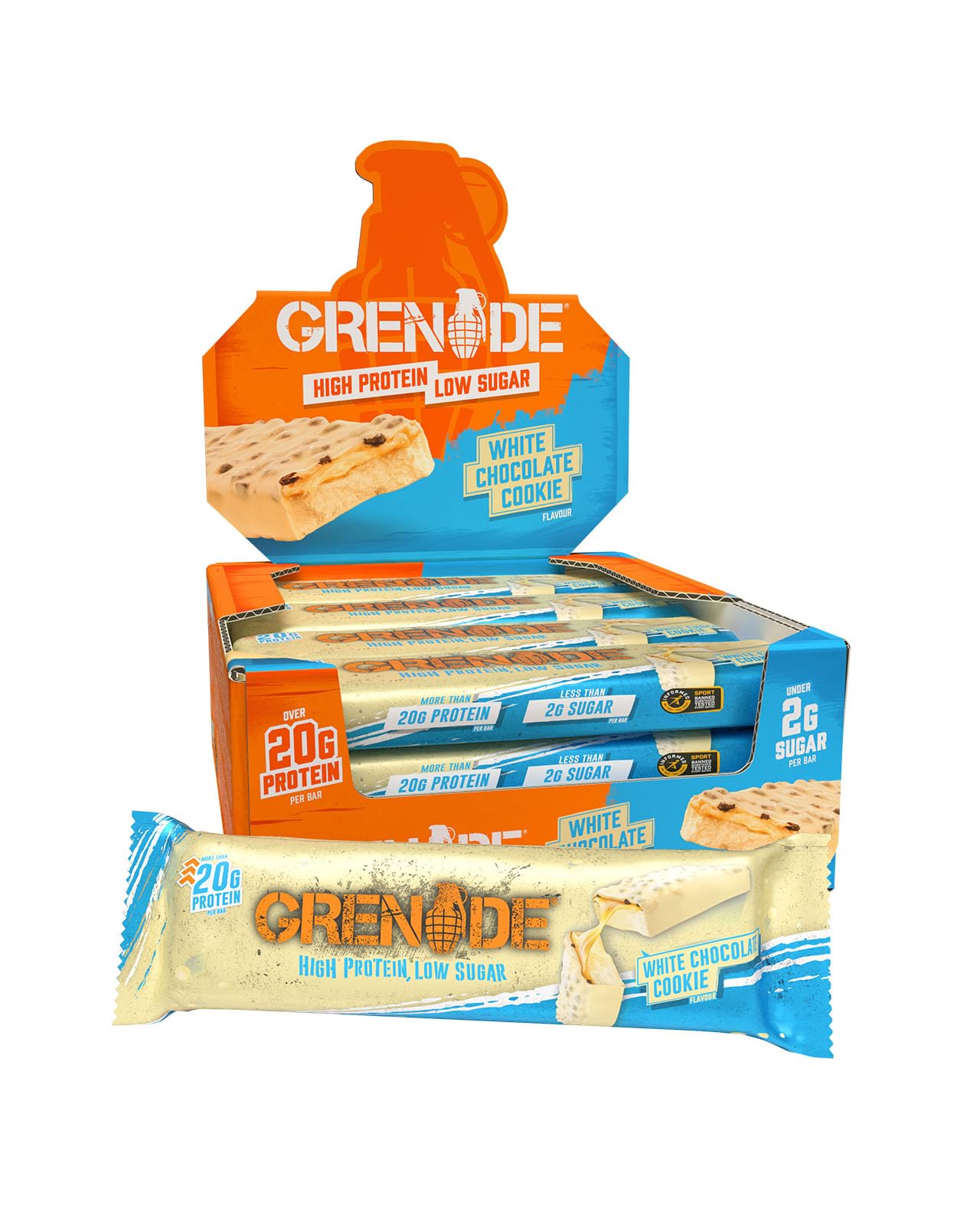 Grenade Protein Bars - White Chocolate Cookie, 12 x 60 g | High Protein, Low Sugar Bars, Over 20 g Protein & 1.5 g Sugar, Soft White Chocolate Flavoured Nougat with White Caramel