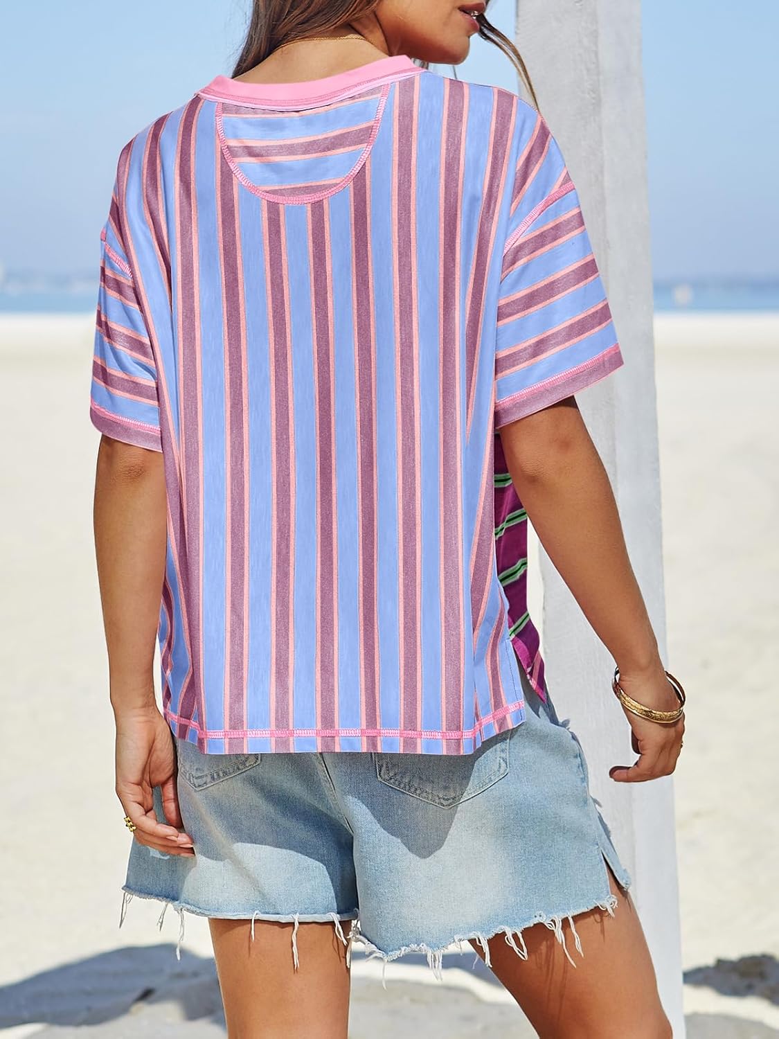 Tankaneo Womens Summer Striped Shirts Casual Color Block Short Sleeve Tops Loose Fit Crew Neck Tees - Image 6