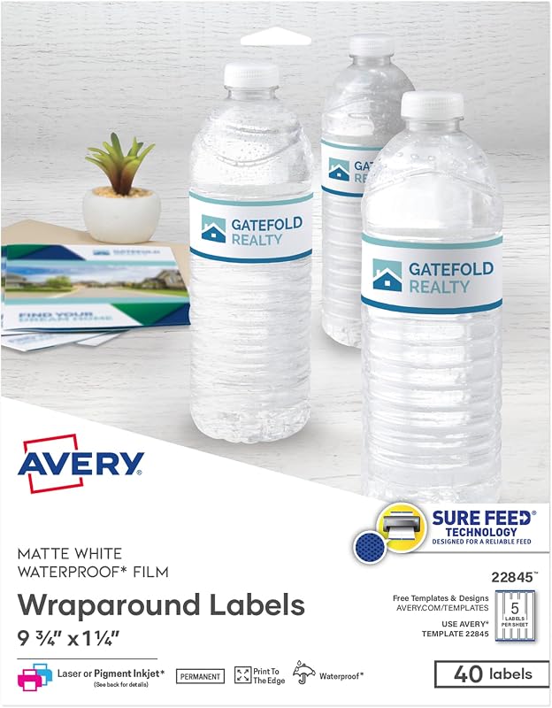 Avery Etiquetas rectangulares envolventes impermeables y duraderas con tecnología Sure Feed, 1-1/4" x 9-3/4", blanco mate, 40 etiquetas personalizables para impresoras láser y de inyección de tinta pigmentada (22845)