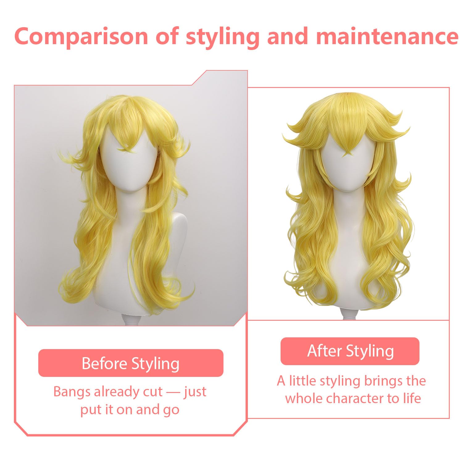 Ruina 7pcs Women Golden Blonde Princess Wig for Peach Costume Cosplay Adults with Crown Wand Necklace Earrings Gloves Wig Cap - Wavy Wig for Halloween Birthday Party - Pre-cut Bangs & Soft R061