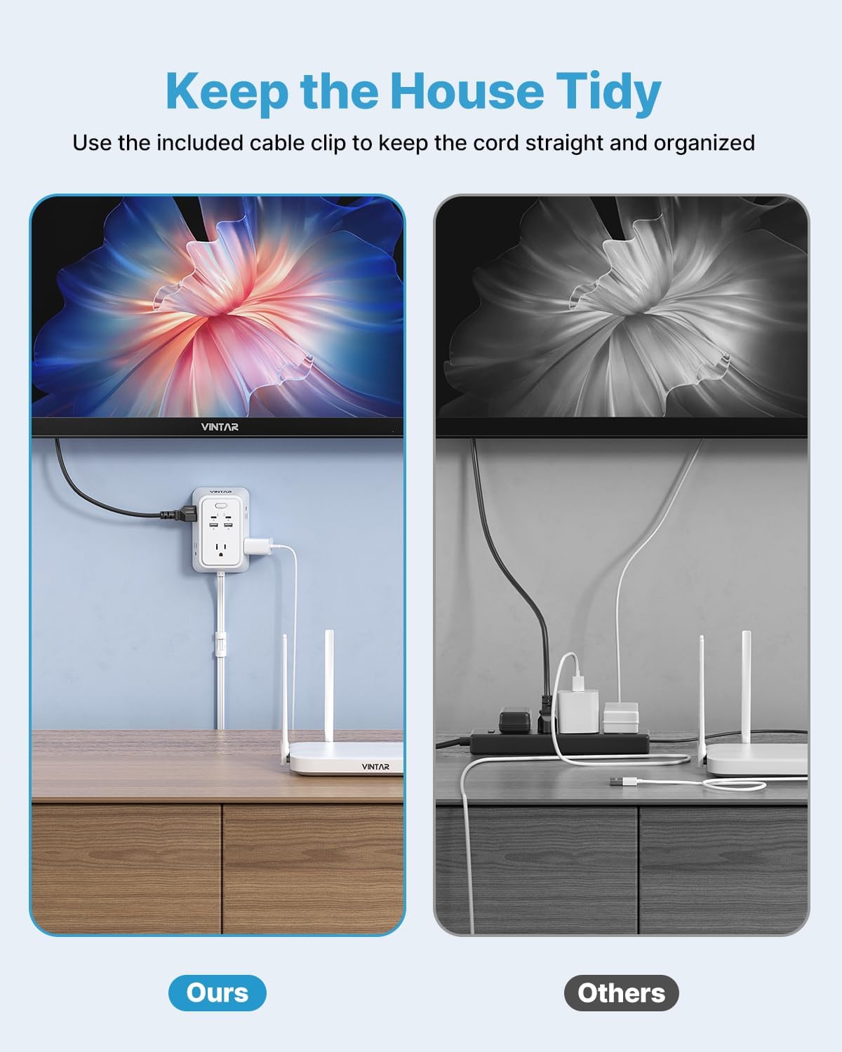 VINTAR Electrical Outlet Extender, 36in Short Power Strip with 5 AC and 4 USB Ports(2 USB C), 1800J Surge Protector, Access Hard-to-Reach Outlets, Use Behind Couches, Nightstands, Desks, White