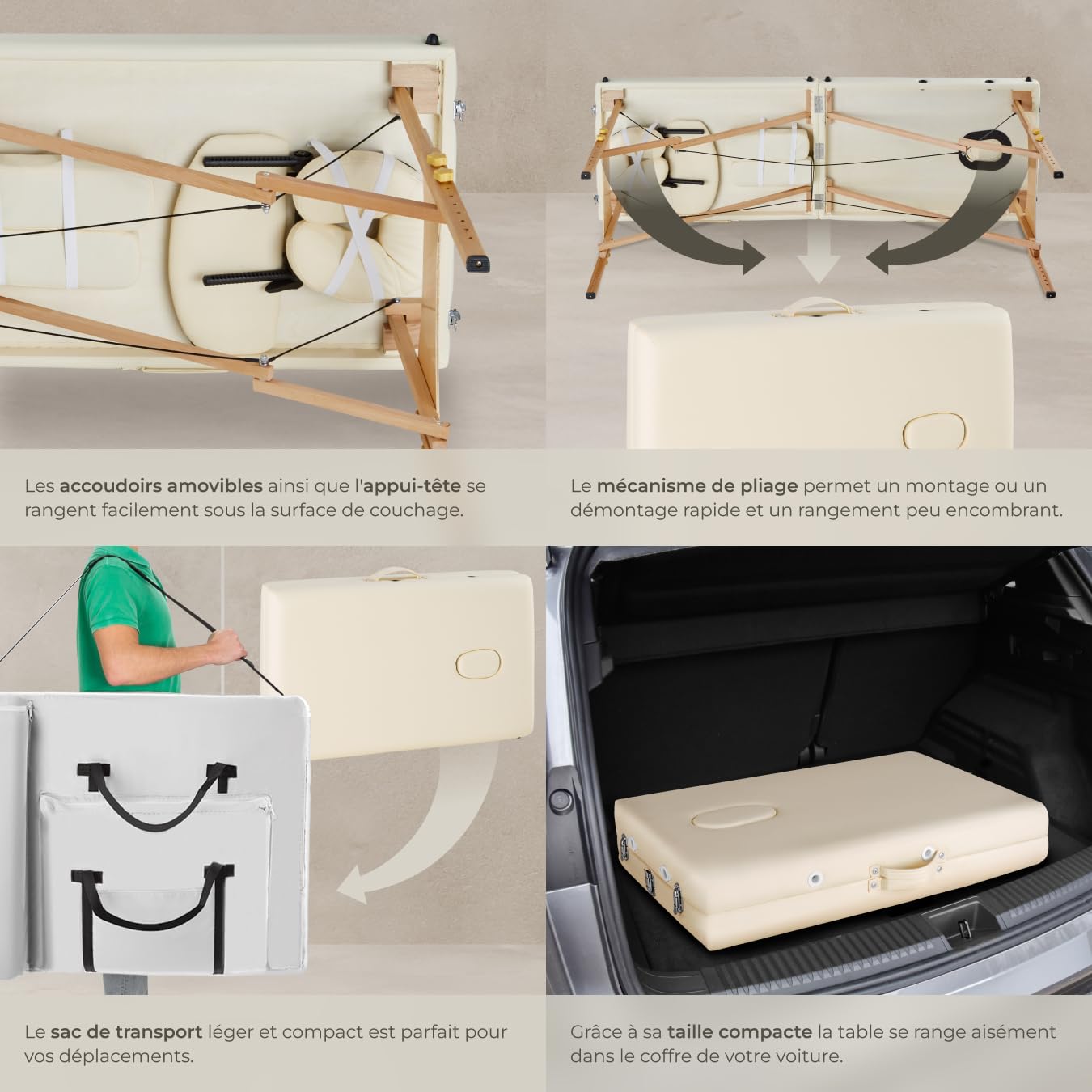 tectake® Table de Massage Pliante Professionnelle 2 Zones Ergonomique Massage et Relaxation Bois Table Esthetique Professionnel Lit de Massage Portable, Rouleaux & Housse de Transport - Beige