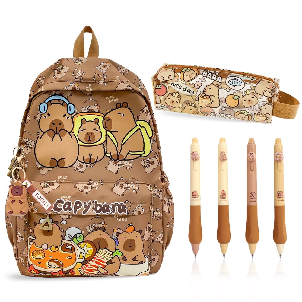 Vexthorion Unisex Kids Brown Capybara Backpack School Bag Set With Stationery, Cartoon Children's Large Capacity Kids Rucksack Animal Bookbag, Kawaii Pencil Case, Kapibara Erasable Pen & Keychain Gift For Girls Boys (A3)