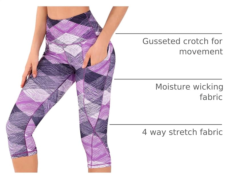 ODODOS Women's High Waisted Pattern Yoga Capri Leggings with Pockets, Tummy Control Non See Through Sports Athletic Workout Running Capris, SketchedChevron, Medium image 4