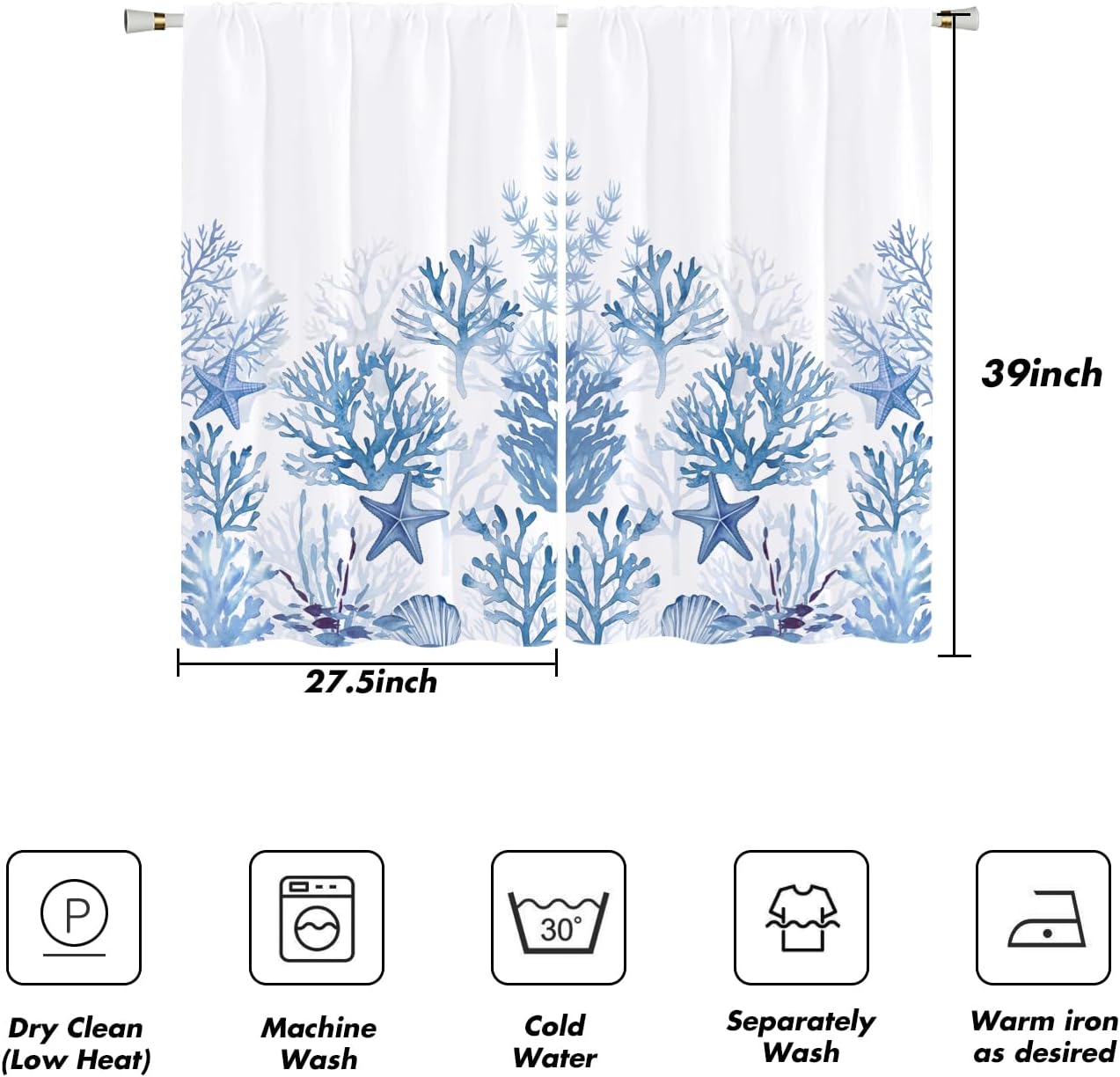27.5x39 Inch Short Small Kitchen Curtains, Blue and White Coastal Nautical Decor, Seashell Starfish Ocean Print, Polyester Fabric Rod Pocket Tiers for Bathroom Window