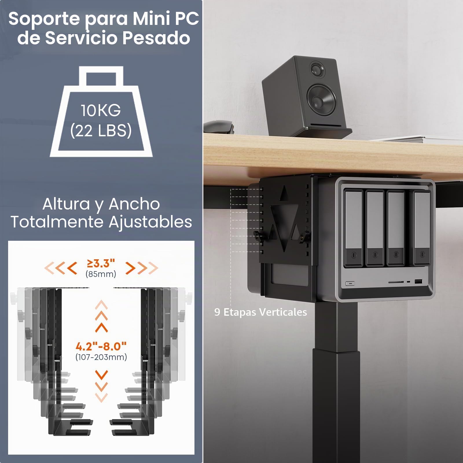 PUTORSEN Soporte de PC Mini/NAS Bajo el Escritorio, Soporte de PC Bajo el Escritorio Ajustable en Altura y Anchura