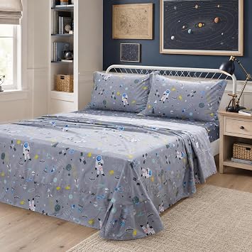 Brandream Kids Bedding Sets Twin Size Outer Space Themed Bed Sheets Boys Astronaut Bedding Gray 100% Cotton Bed Sheet Set 4-Piece