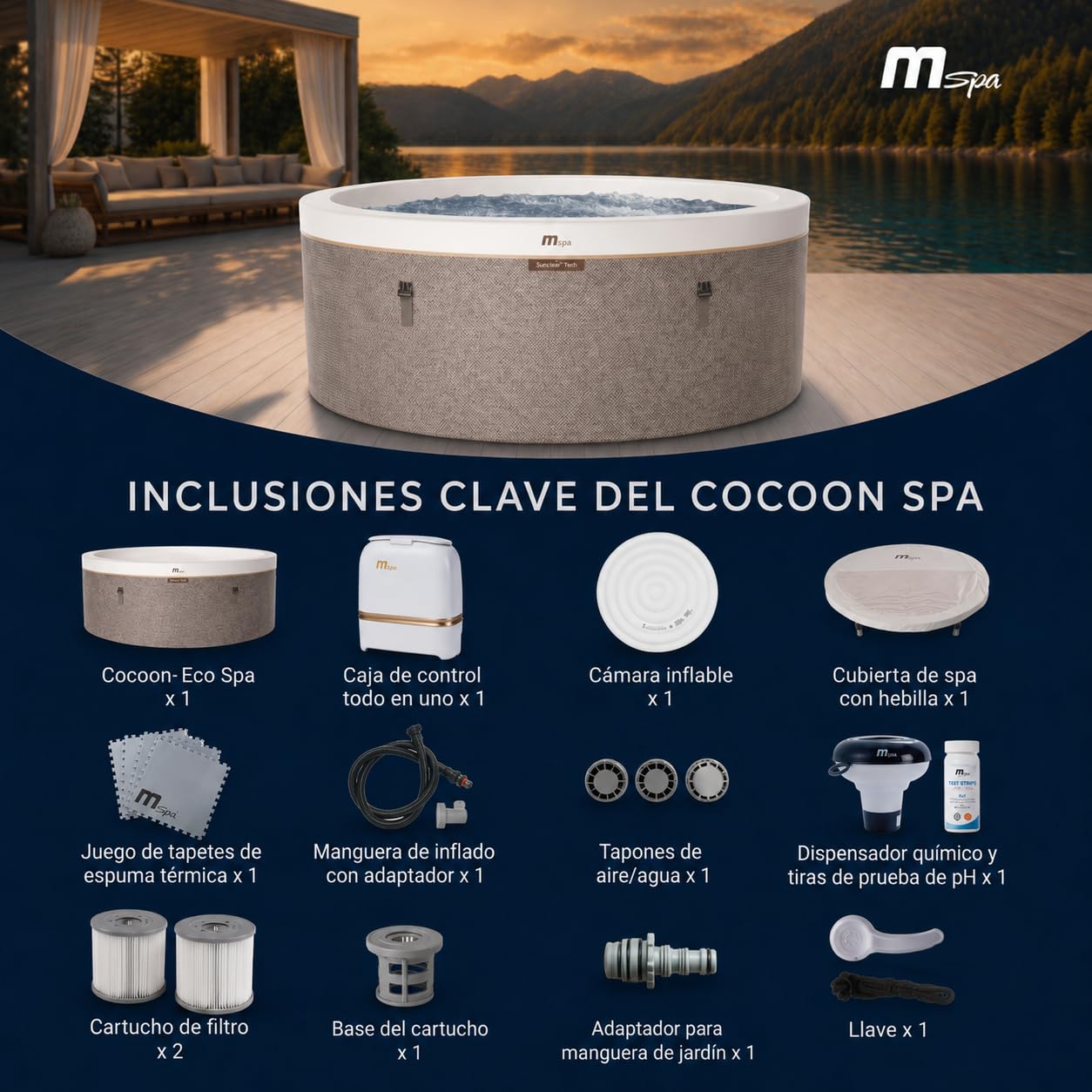MSpa Eco SPA Hinchable semirrígido Circular 4-6 Personas con Aislamiento térmico, hidromasaje Air Jet, calefacción, filtración Inteligente, ozono y desinfección UVC