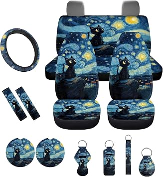 Black Cat Starry Night Print Car Accessories Car Seat Covers Full Set with Steering Wheel Covers+Seat Belt Pads+Coasters+Keychain+Lipstick Holder Universal Fit 13 Pack