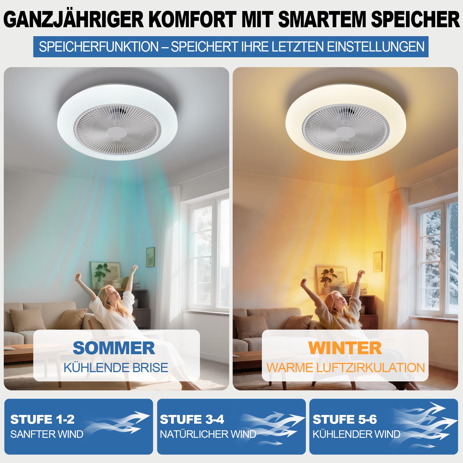 LEONTYNE Ventilador de techo inteligente RGB de 50 cm con iluminación, aplicación y mando a distancia, 7 RGB + 3 CCT regulable, motor DC silencioso, temporizador de memoria reversible, plano para