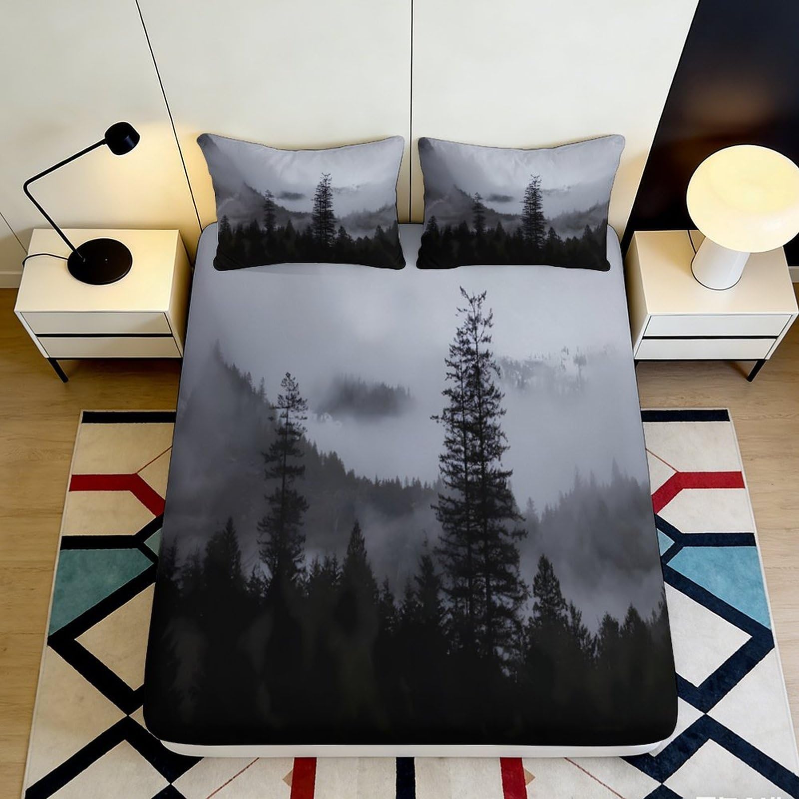 Pnayamiorkfel Style-7 3D Printed Misty Pine Forest Fitted Sheet Microfiber Soft Breathable Mountain View Mattress Cover For Bedroom Decor 90X200x25cm