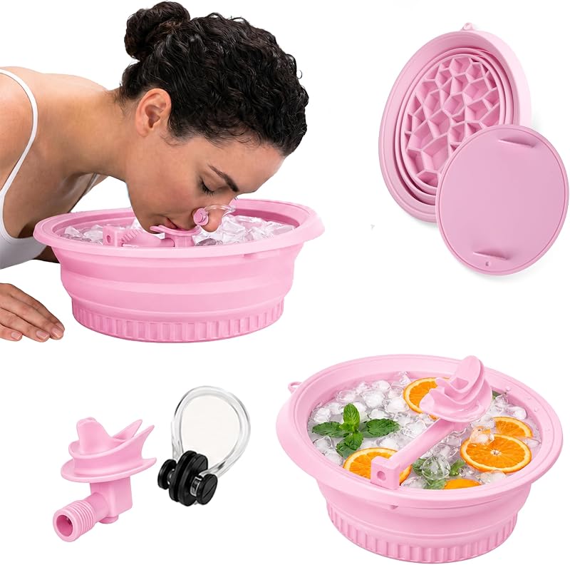 LEFFIK Tigela dobrável de silicone para banho facial com tampa, tubo respiratório e clipe nasal, rosa