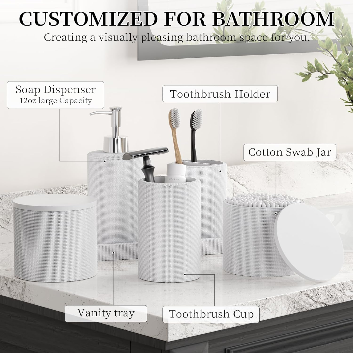 6-Piece White Bathroom Set - Mesh Textured Resin Bathroom Accessories Set with Soap Dispenser, Toothbrush Holder, Cup, Vanity Tray & Apothecary Jars for Small Spaces