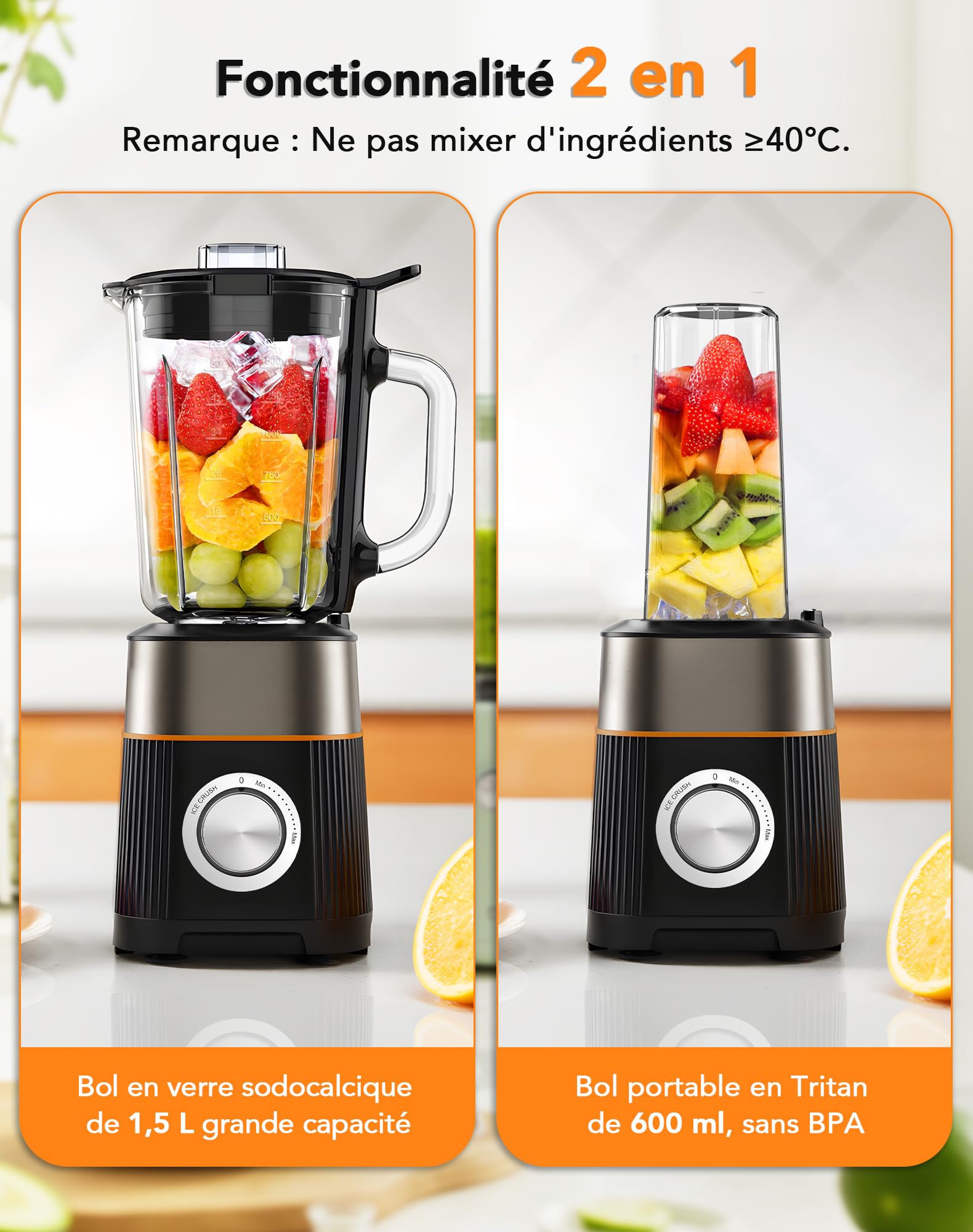 Blender, Mixeur 1000W, Blender Smoothie 2 en 1, Bol en Verre 1.5L + Bouteille Portable 600ml Sans BPA, Lames Inox 304 pour Glace, Auto-nettoyant, Réglage Continu Vitesse