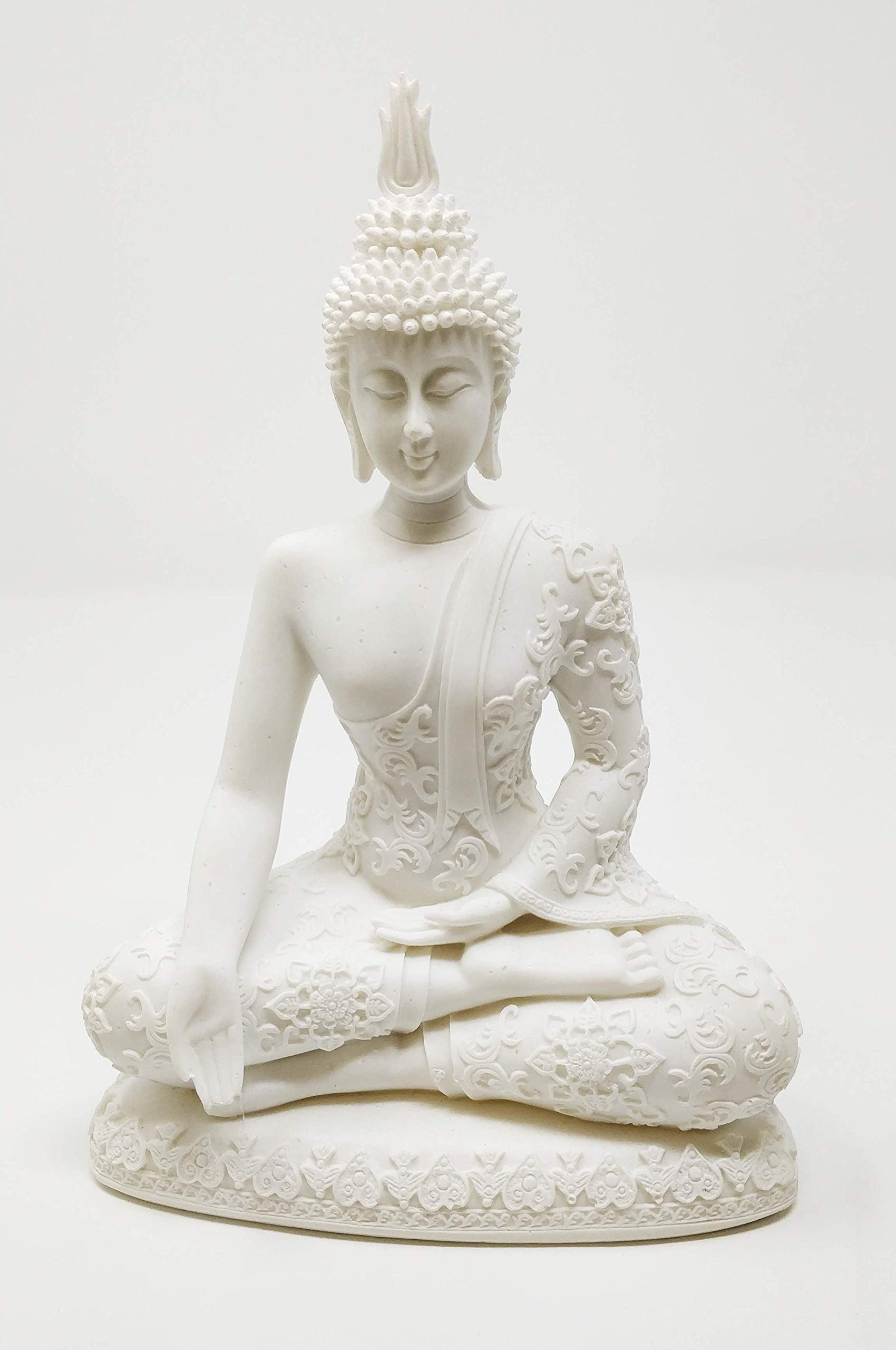 White Resin Buddha Statue 20cm – Meditating Figurine with Intricate Floral Detailing – Bhumisparsha Mudra – Peaceful Spiritual Home Décor for Living Room, Meditation Space or Yoga Studio JR1365